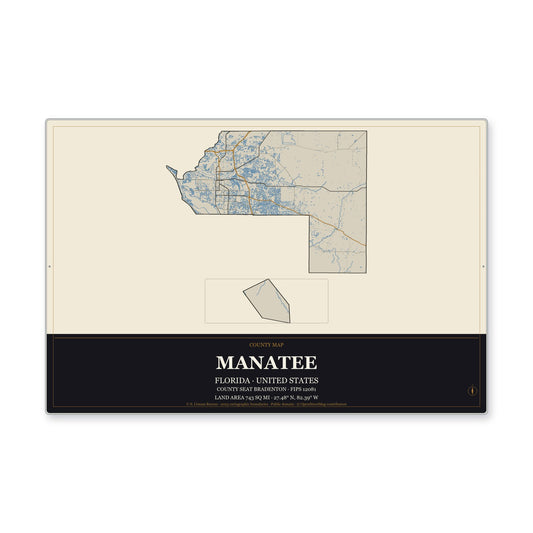 Manatee County, Florida Map Aluminum Sign in Museum Plaque style