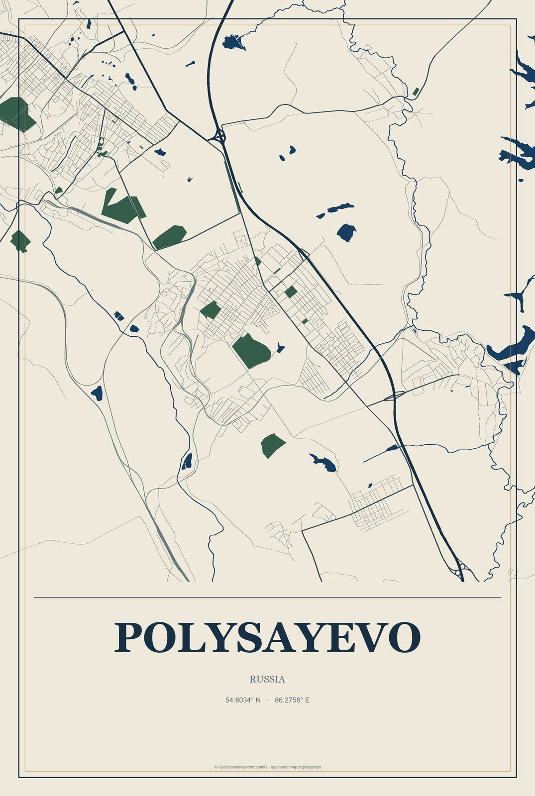 Polysayevo, Russia City Map Aluminum Sign in Coastal Cutout style