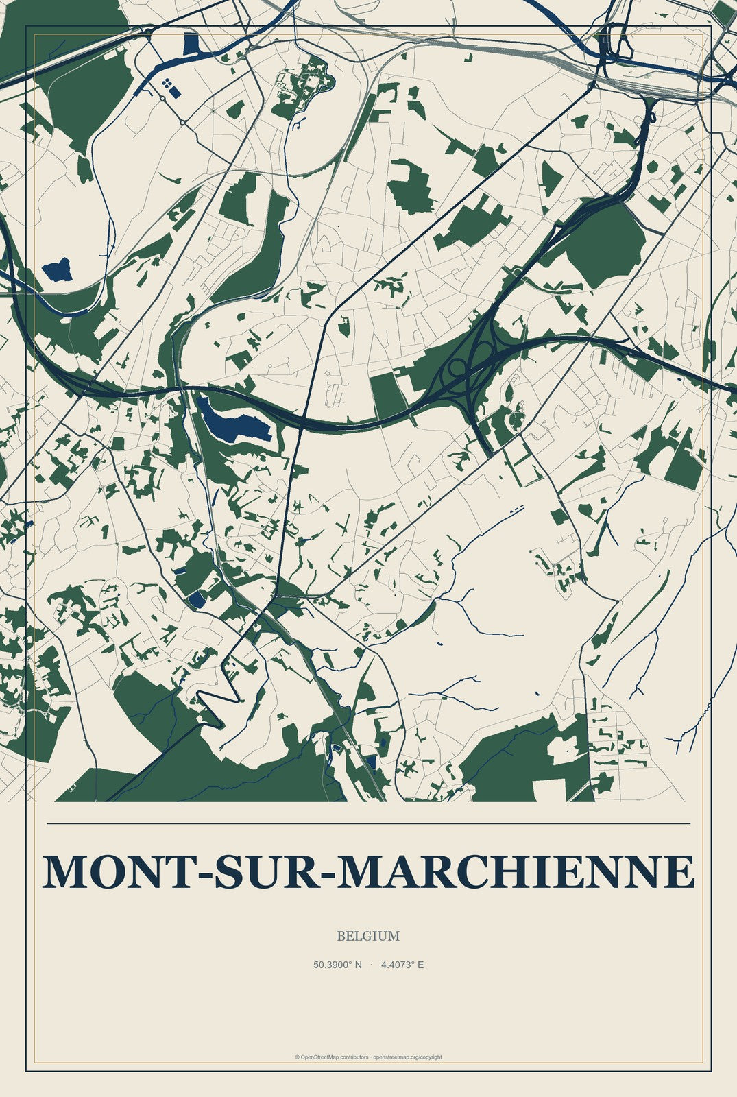 Mont-sur-Marchienne, Belgium City Map Aluminum Sign in Coastal Cutout style