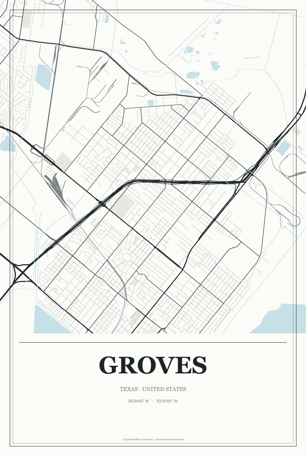 Groves, Texas City Map Aluminum Sign in Gallery Air style