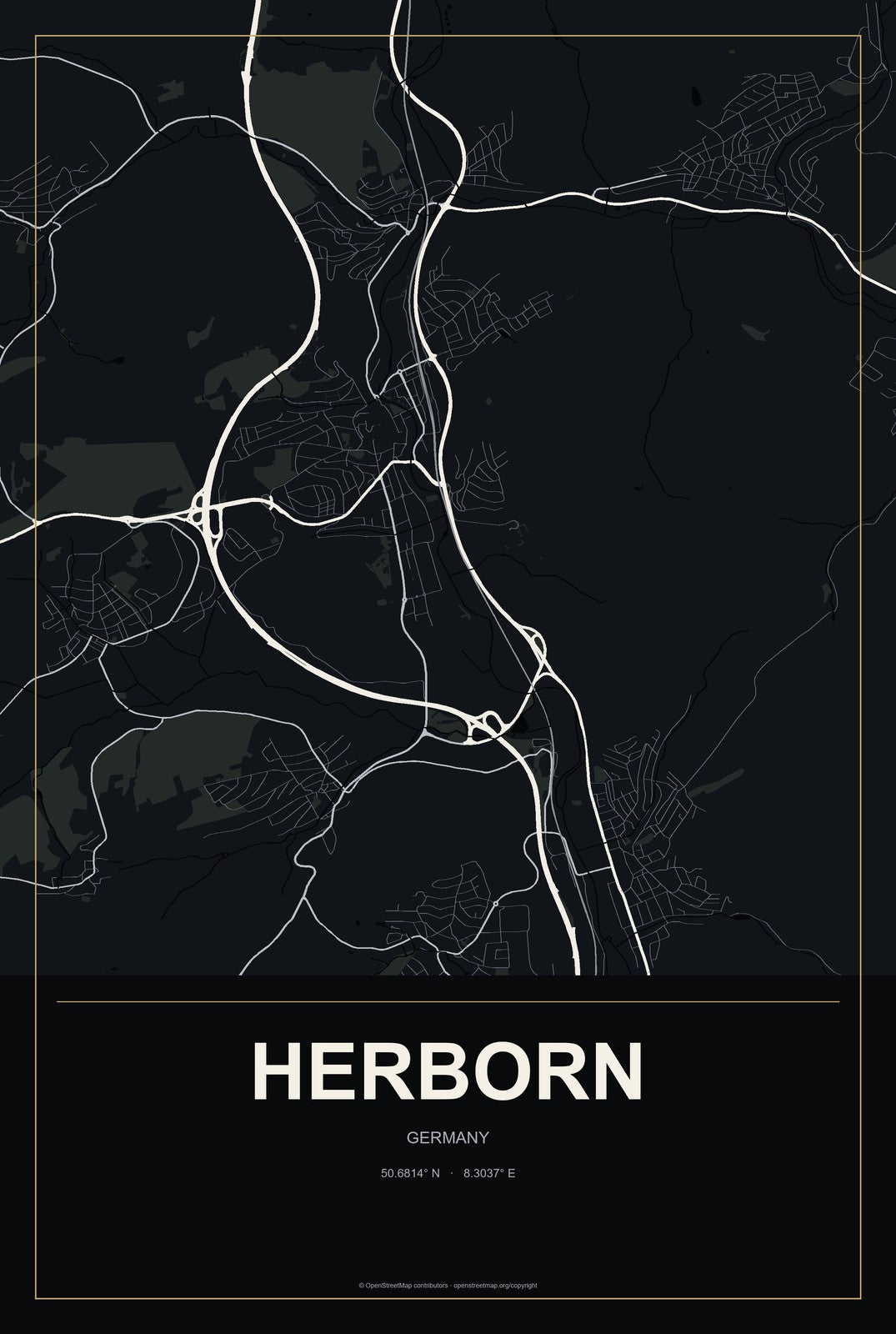Herborn, Germany City Map Aluminum Sign in Metropolitan Noir style