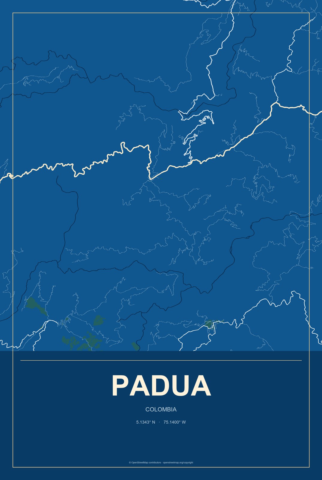 Padua, Colombia City Map Aluminum Sign in Harbor Cobalt style