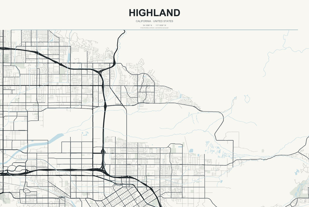 Highland, California City Map Aluminum Sign in Headline Atlas style