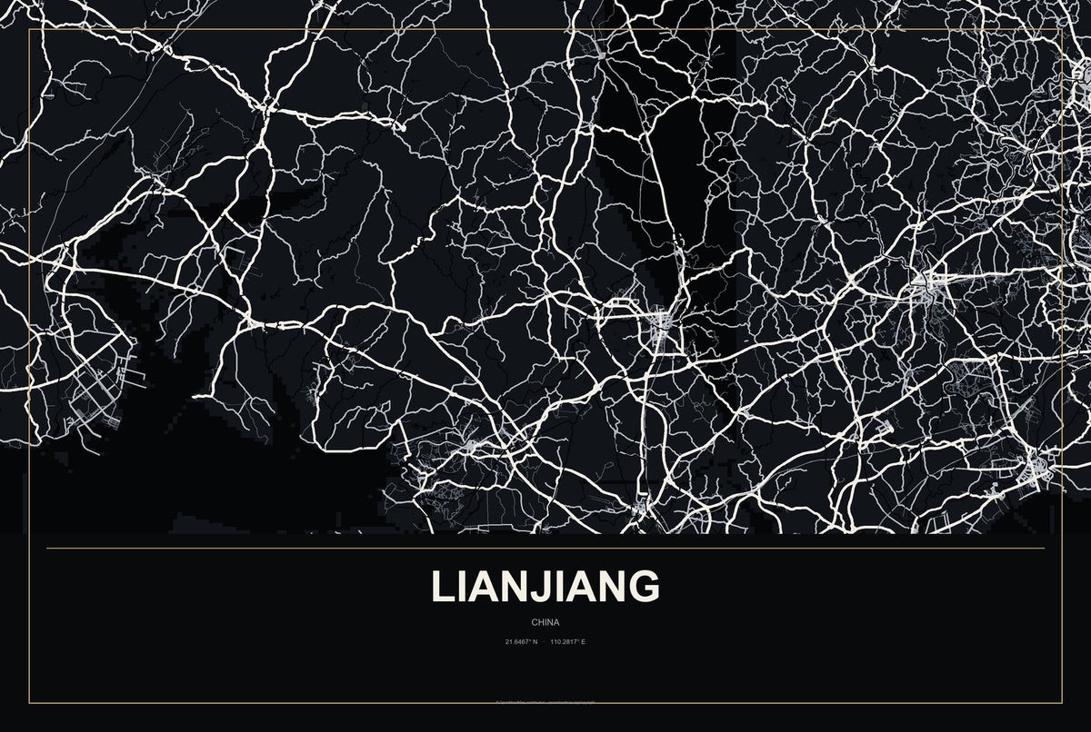 Lianjiang, China City Map Aluminum Sign in Metropolitan Noir style