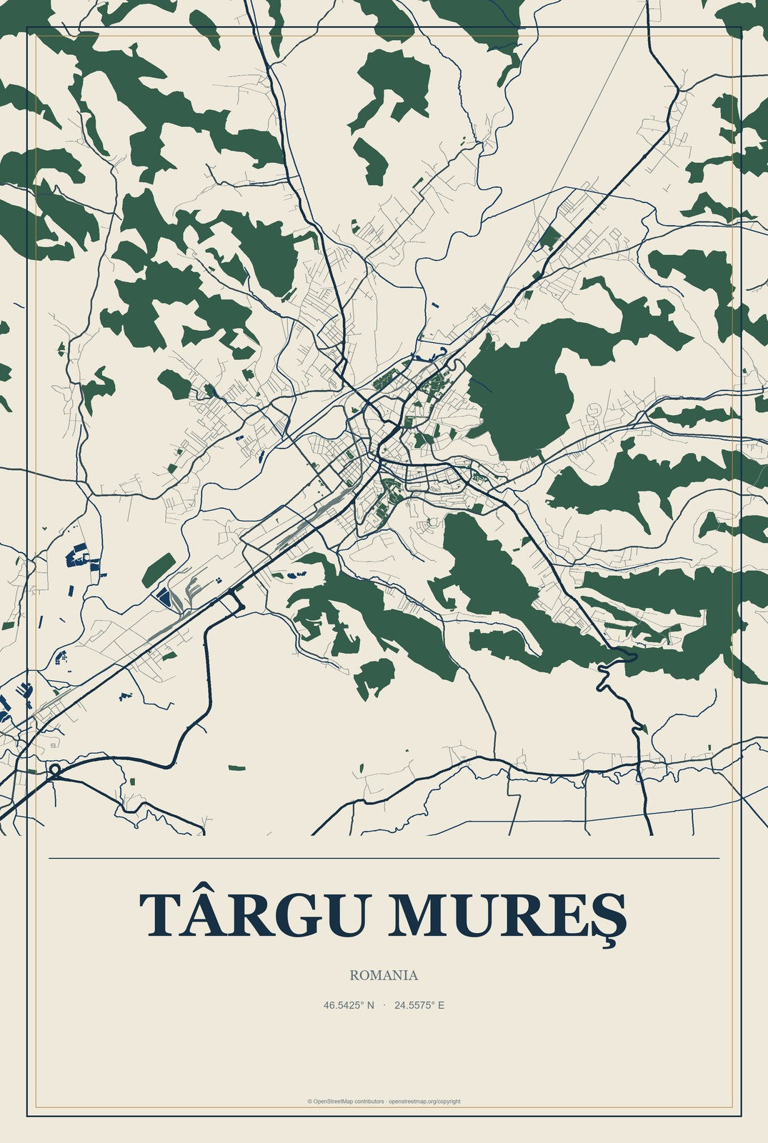 Târgu Mureş, Romania City Map Aluminum Sign in Coastal Cutout style