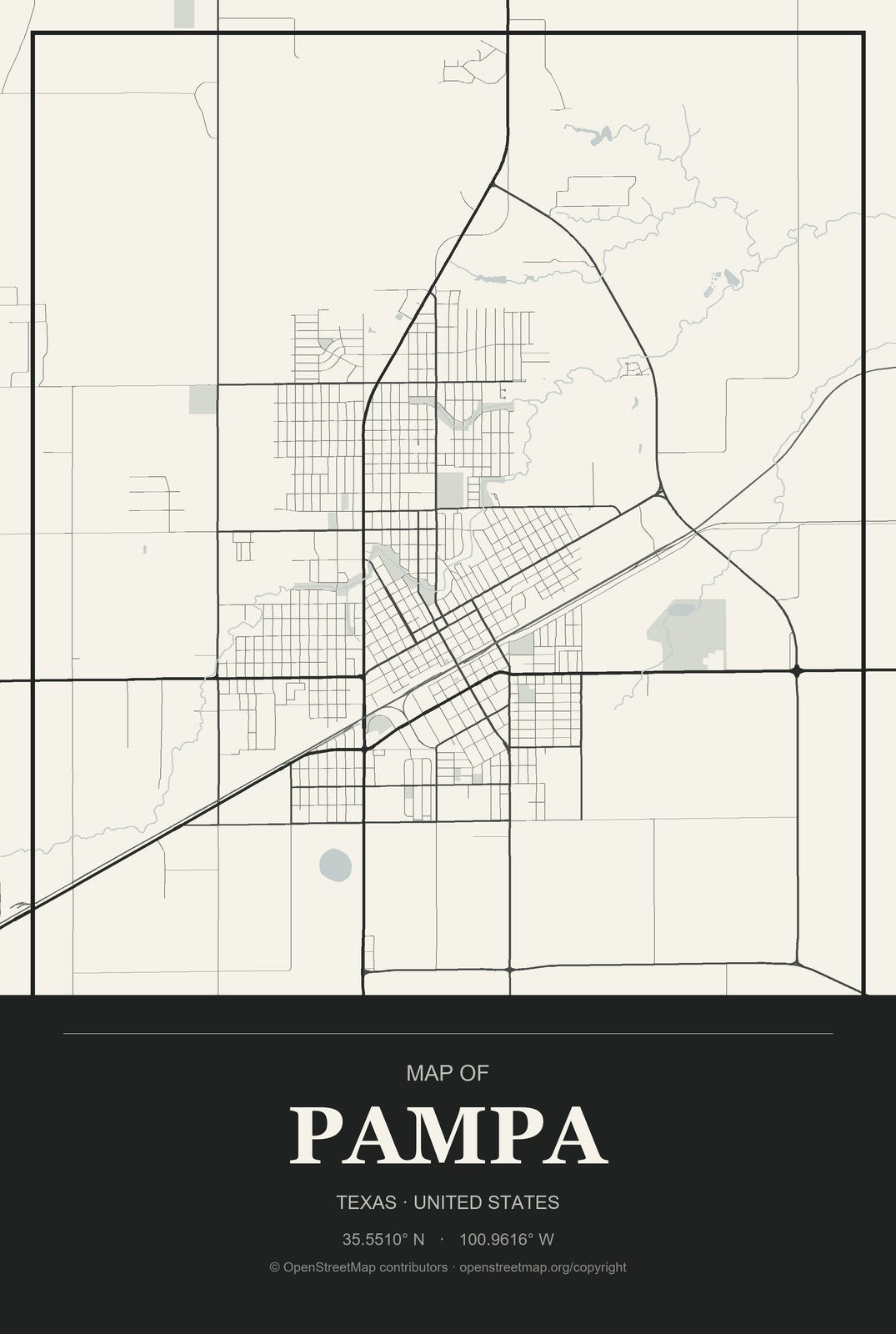 Pampa, Texas City Map Aluminum Sign in Museum Plaque style