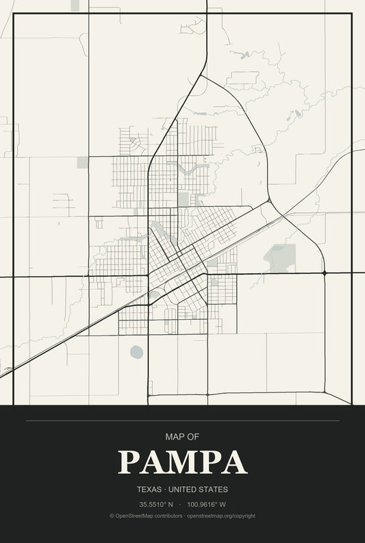 Pampa, Texas City Map Aluminum Sign in Museum Plaque style