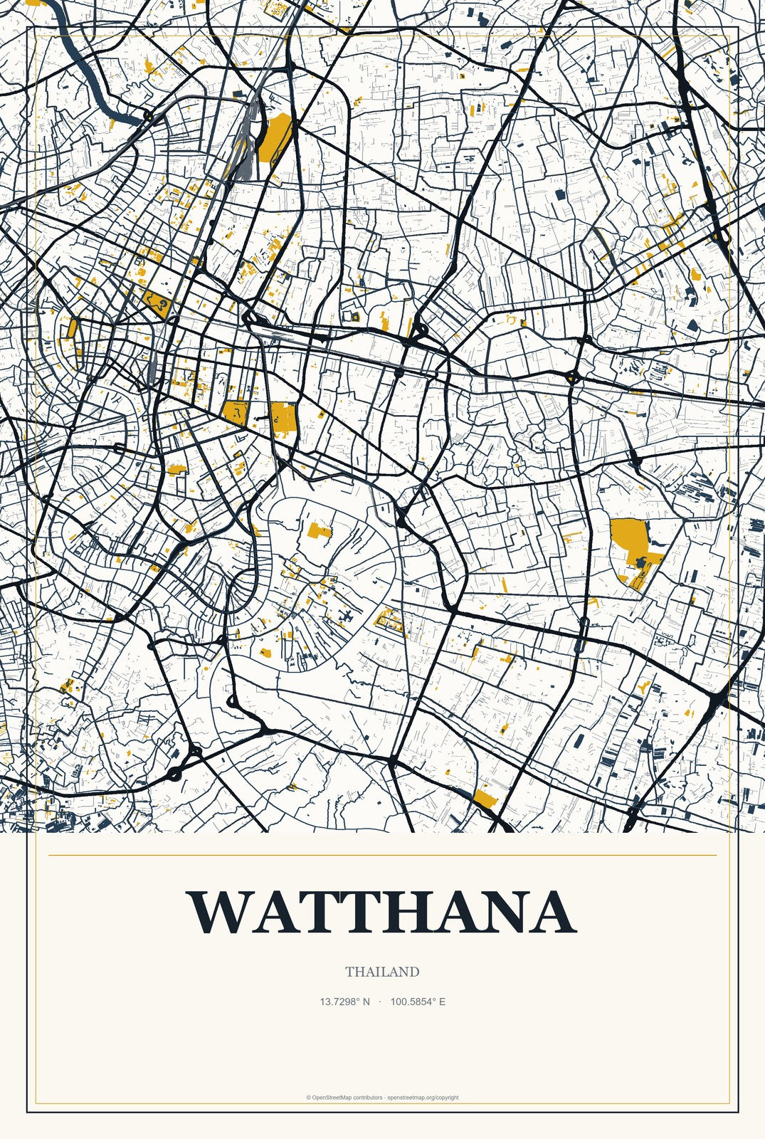 Watthana, Thailand City Map Aluminum Sign in Citrine Modern style