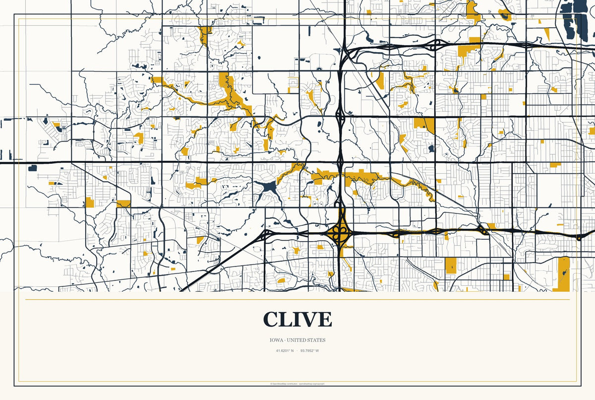 Clive, Iowa City Map Aluminum Sign in Citrine Modern style