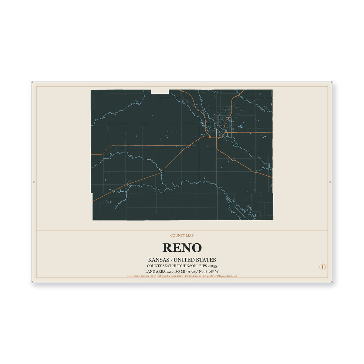 Reno County, Kansas Map Aluminum Sign in Headline Atlas style