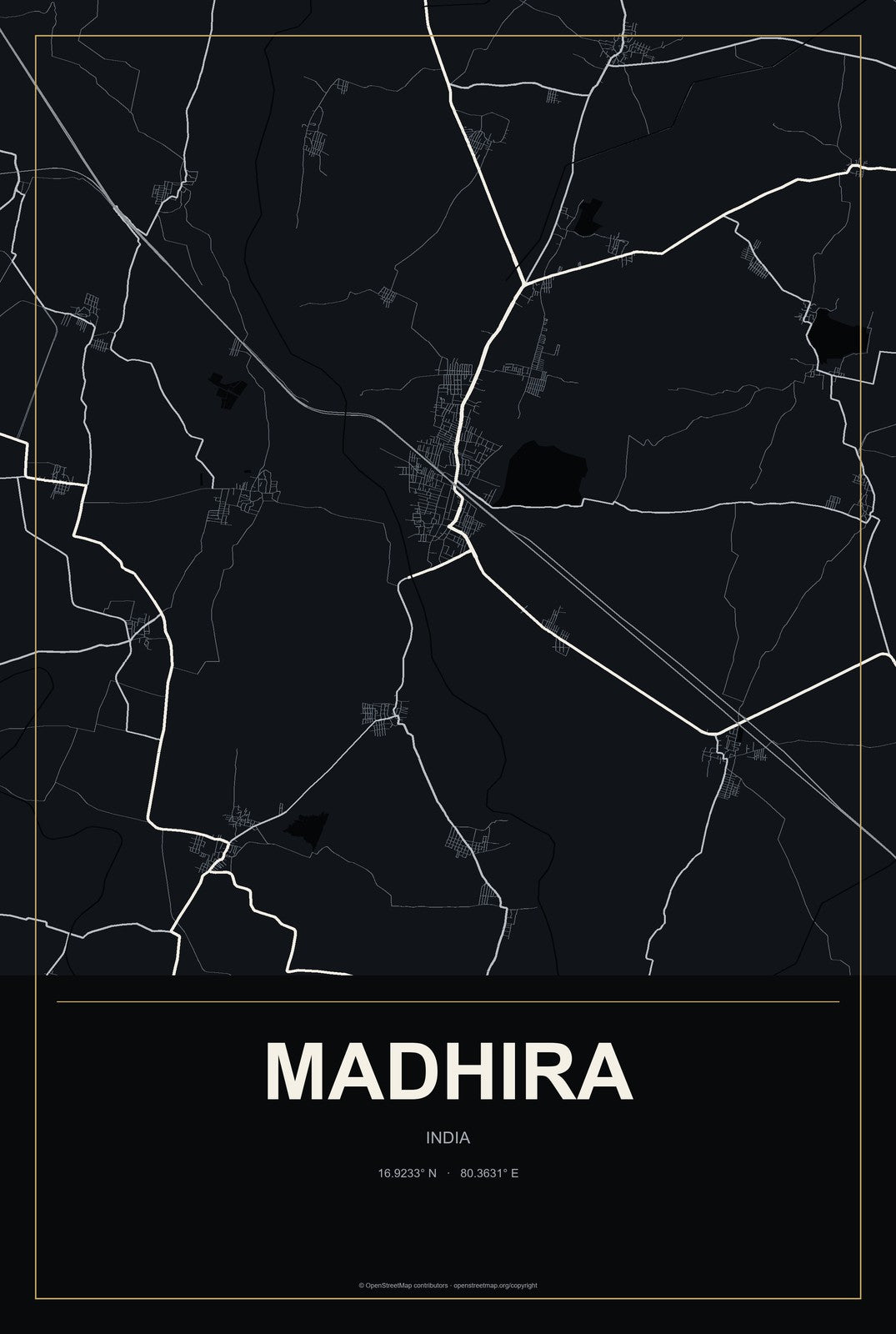 Madhira, India City Map Aluminum Sign in Metropolitan Noir style