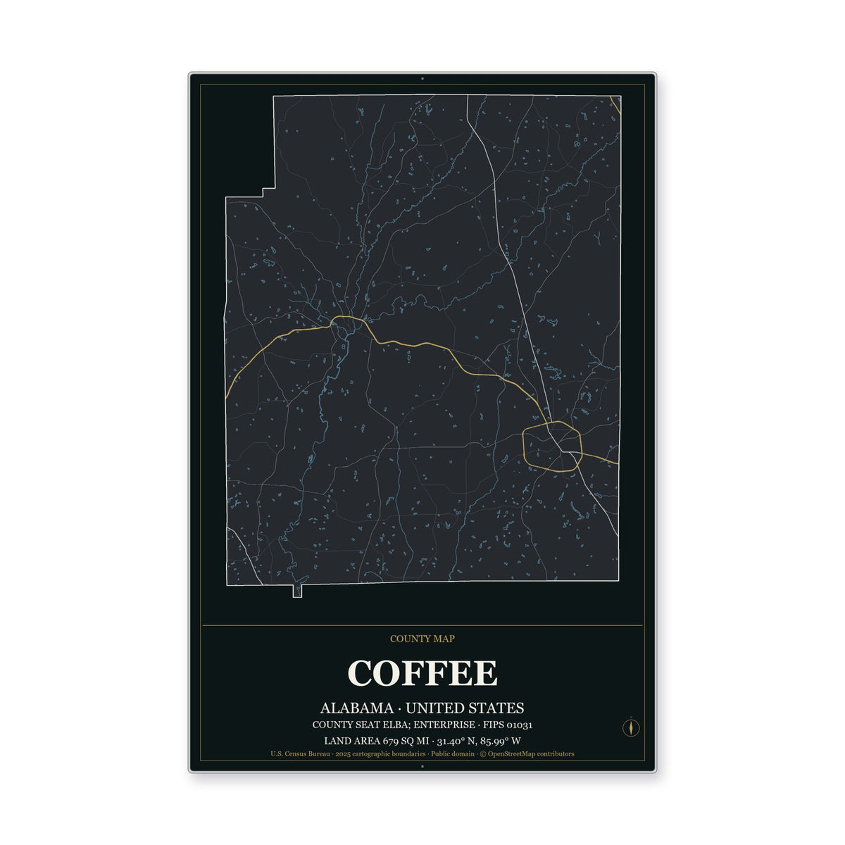 Coffee County, Alabama Map Aluminum Sign in Metropolitan Noir style