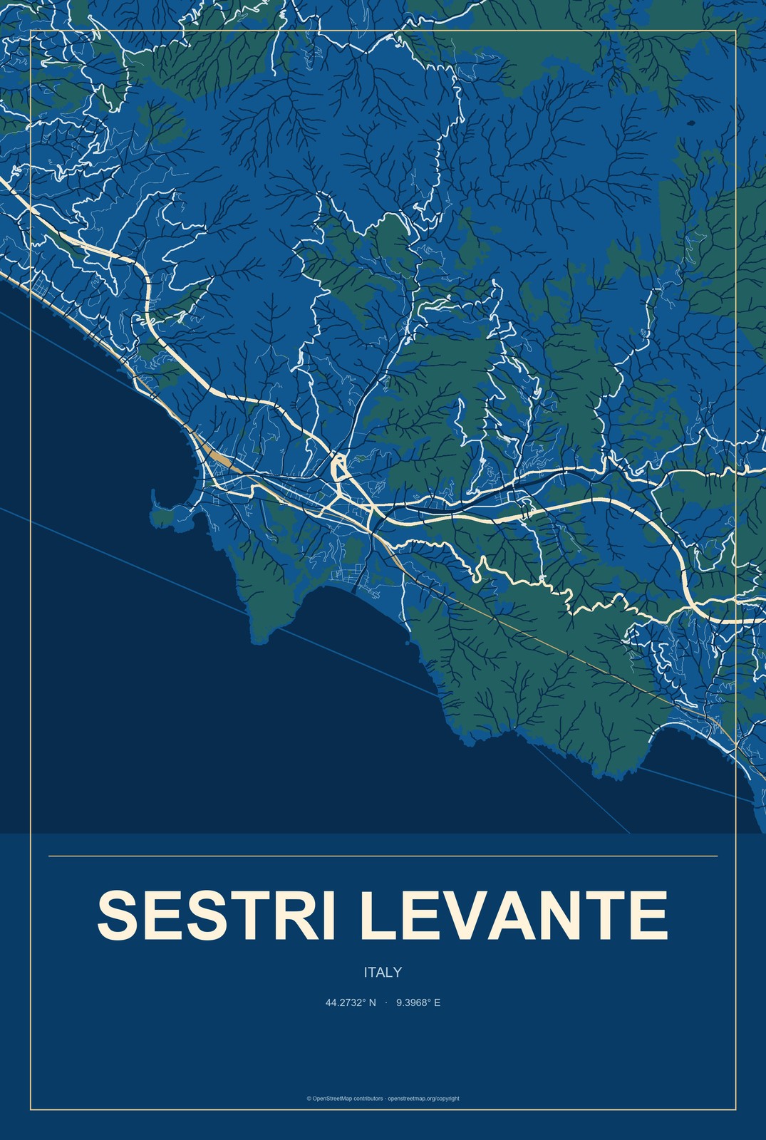 Sestri Levante, Italy City Map Aluminum Sign in Harbor Cobalt style