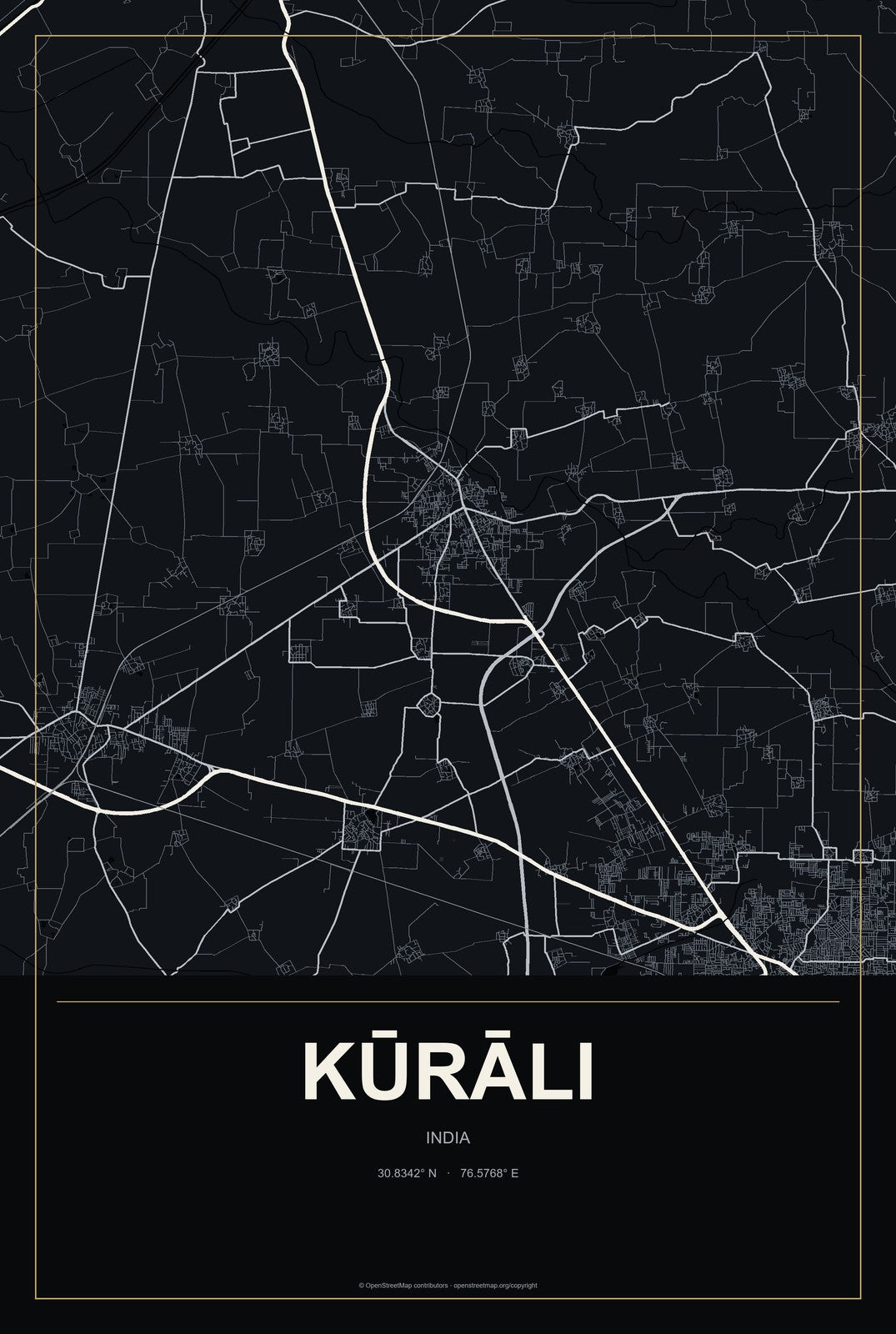 Kūrāli, India City Map Aluminum Sign in Metropolitan Noir style