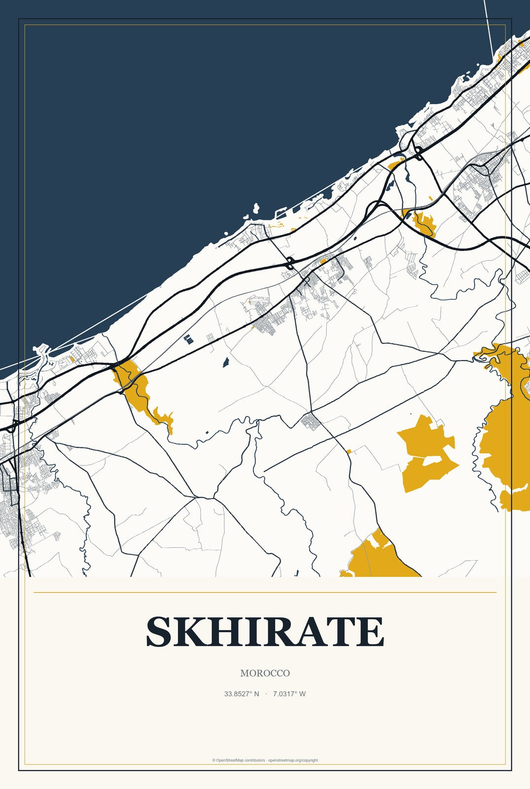 Skhirate, Morocco City Map Aluminum Sign in Citrine Modern style