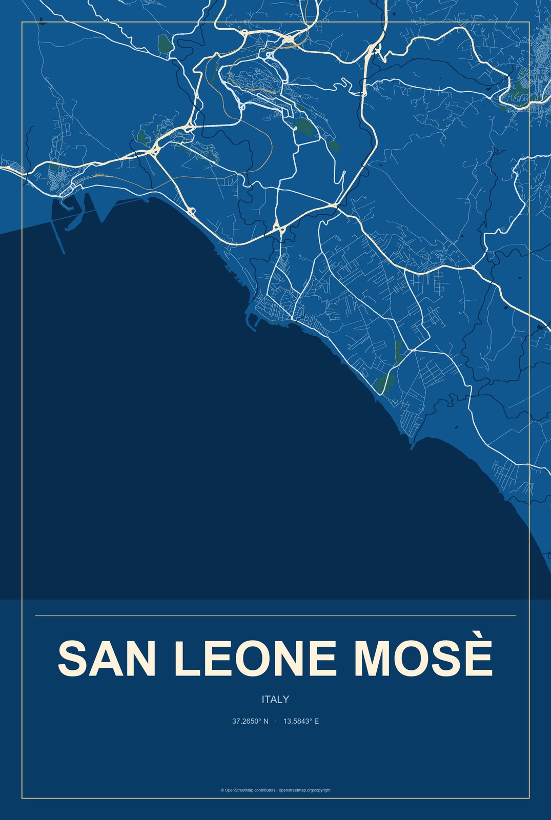San Leone Mosè, Italy City Map Aluminum Sign in Harbor Cobalt style