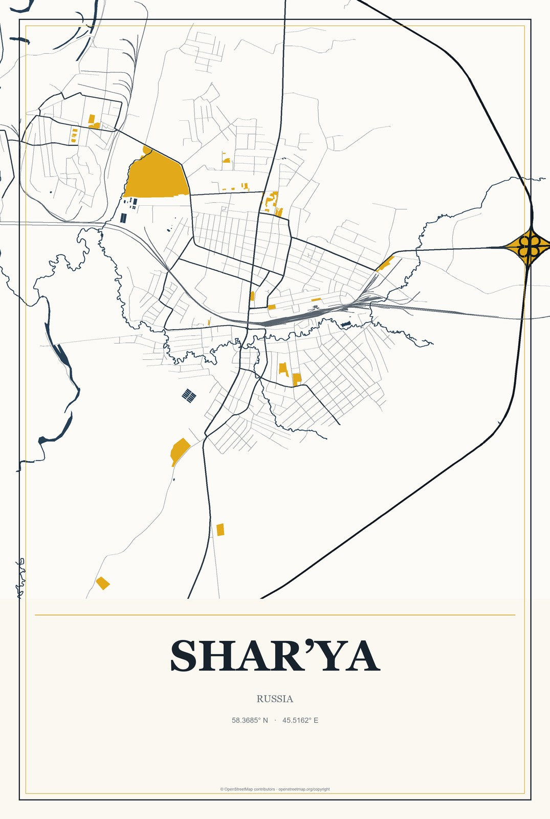 Shar’ya, Russia City Map Aluminum Sign in Citrine Modern style