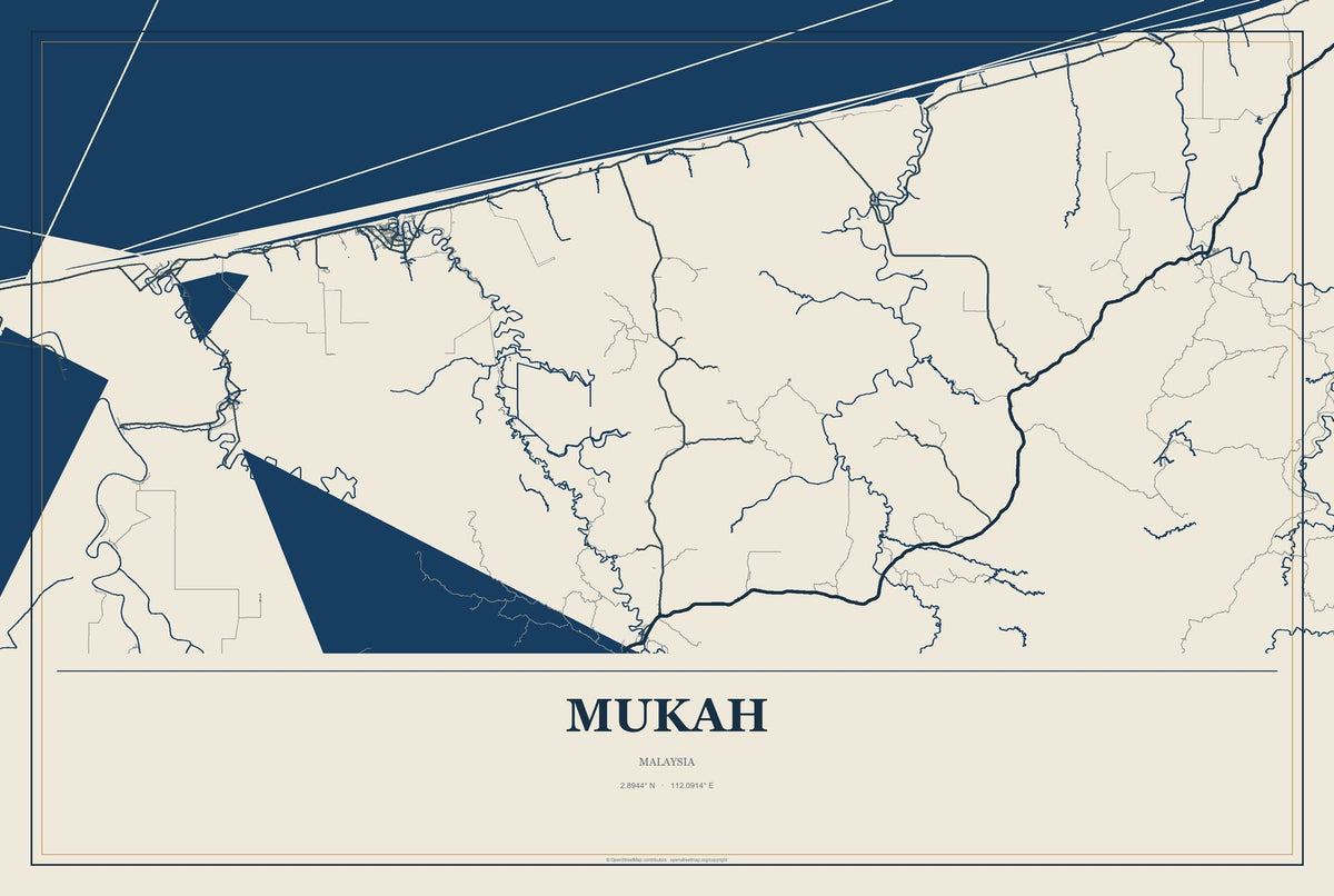 Mukah, Malaysia City Map Aluminum Sign in Coastal Cutout style