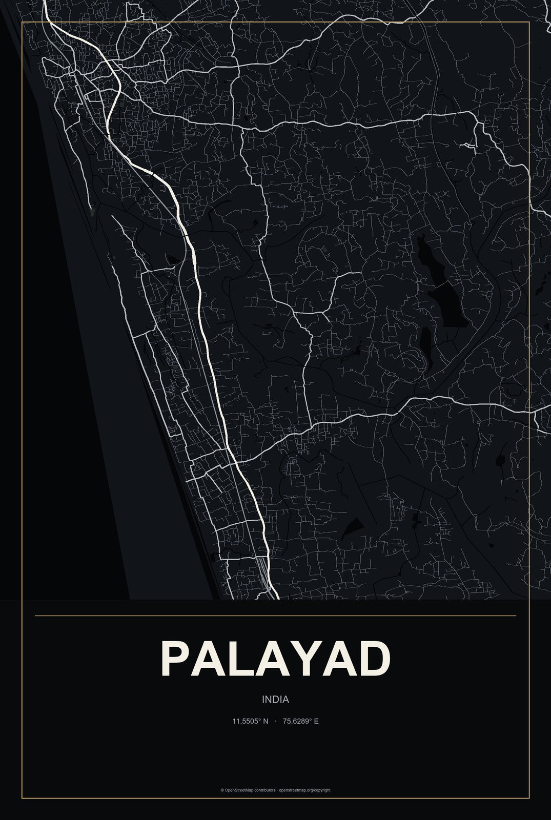 Palayad, India City Map Aluminum Sign in Metropolitan Noir style