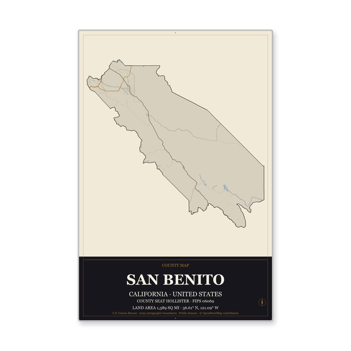 San Benito County, California Map Aluminum Sign in Museum Plaque style