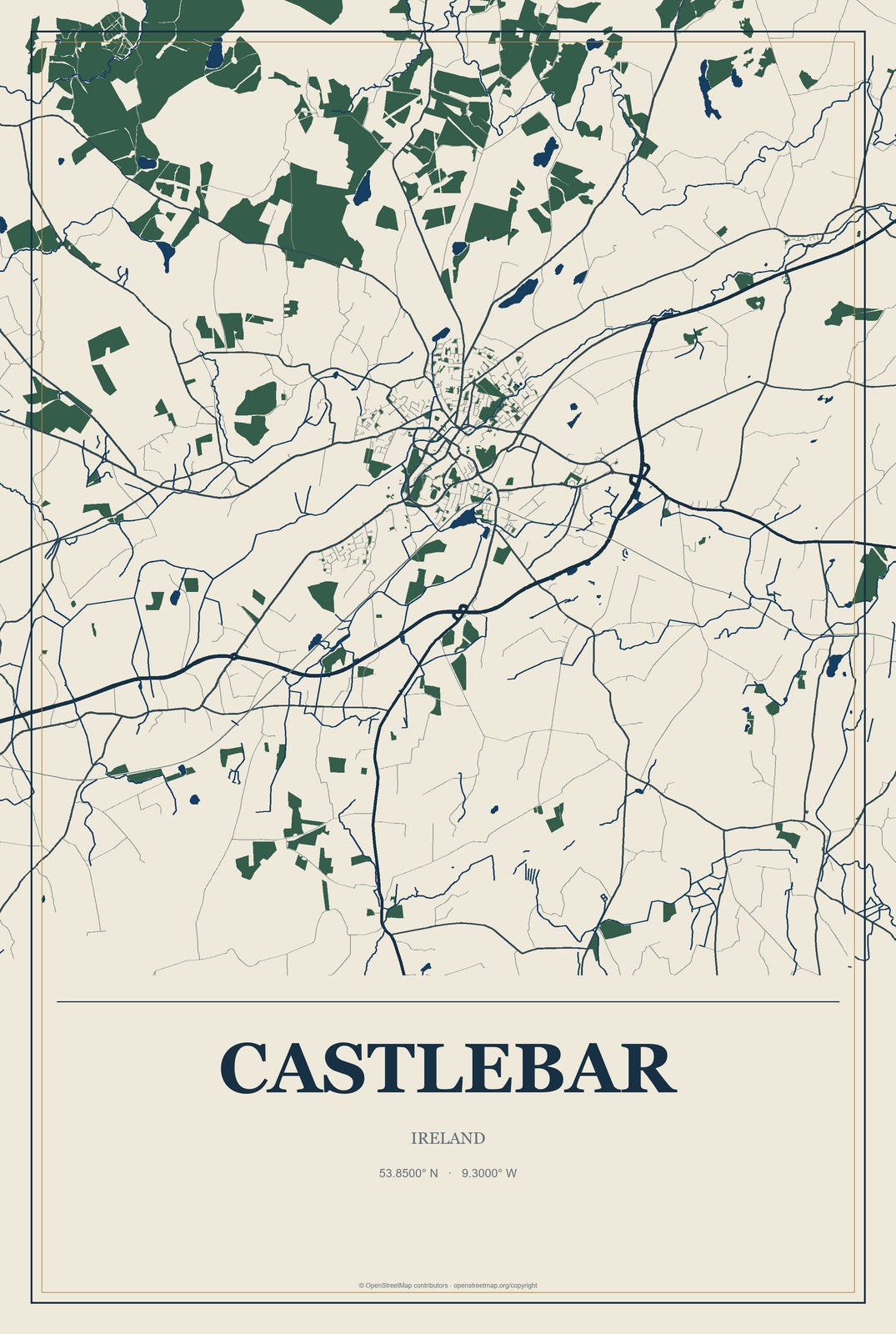 Castlebar, Ireland City Map Aluminum Sign in Coastal Cutout style
