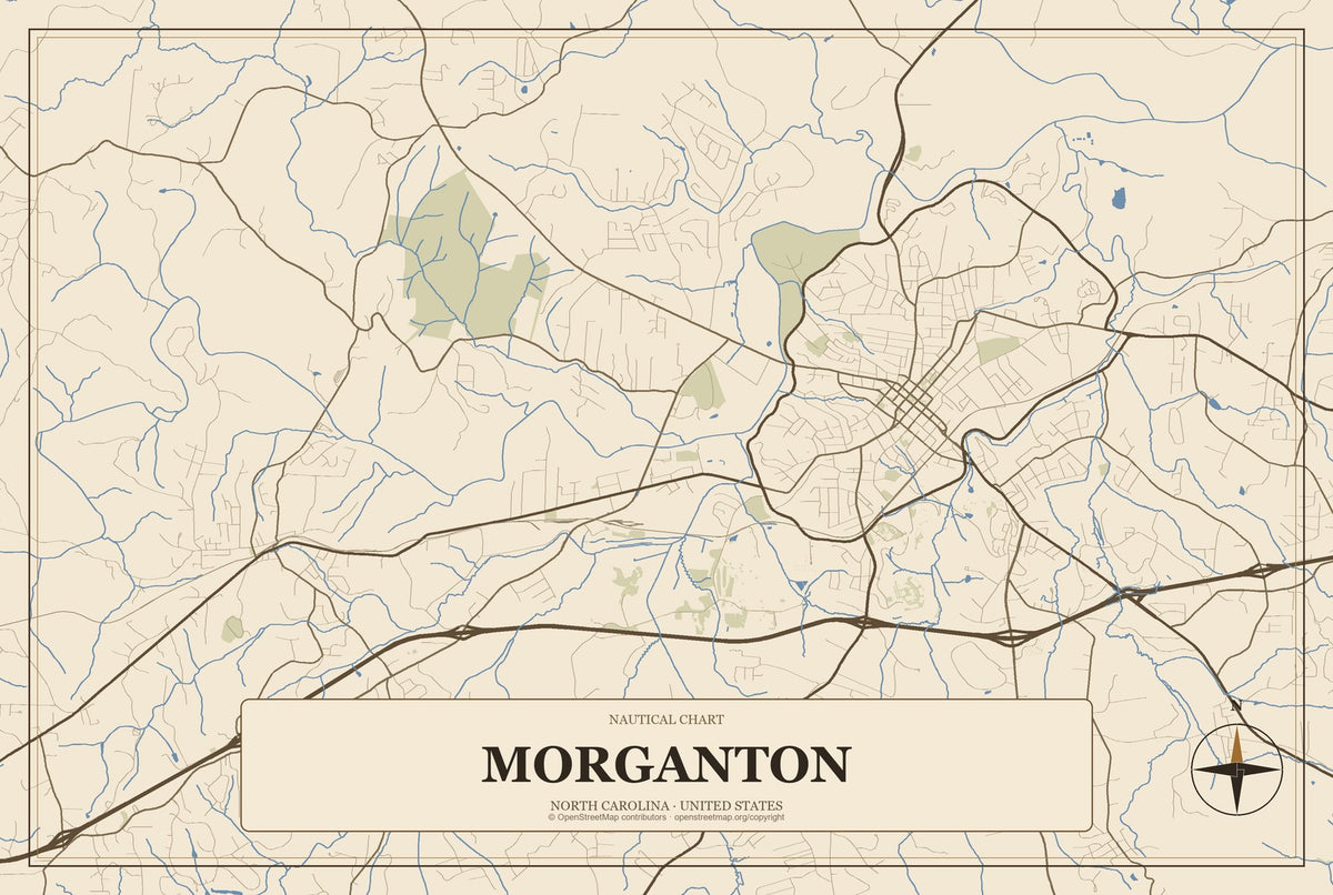 Morganton, North Carolina City Map Aluminum Sign in Heritage Nautical style