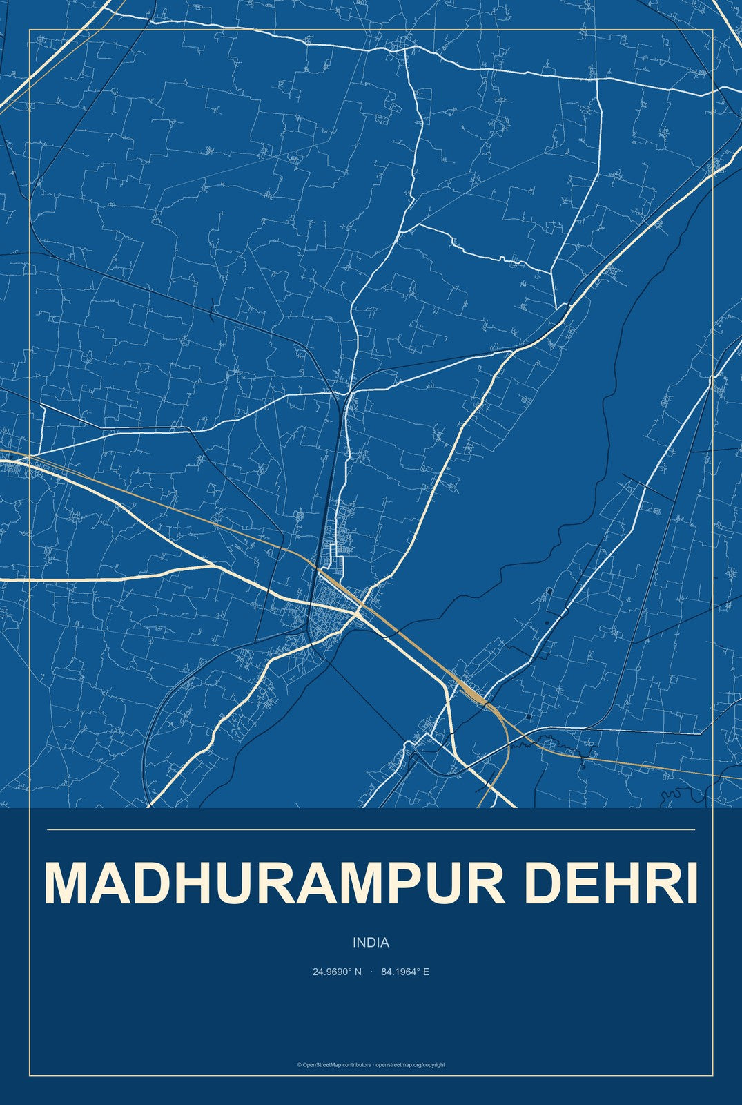 Madhurampur Dehri, India City Map Aluminum Sign in Harbor Cobalt style