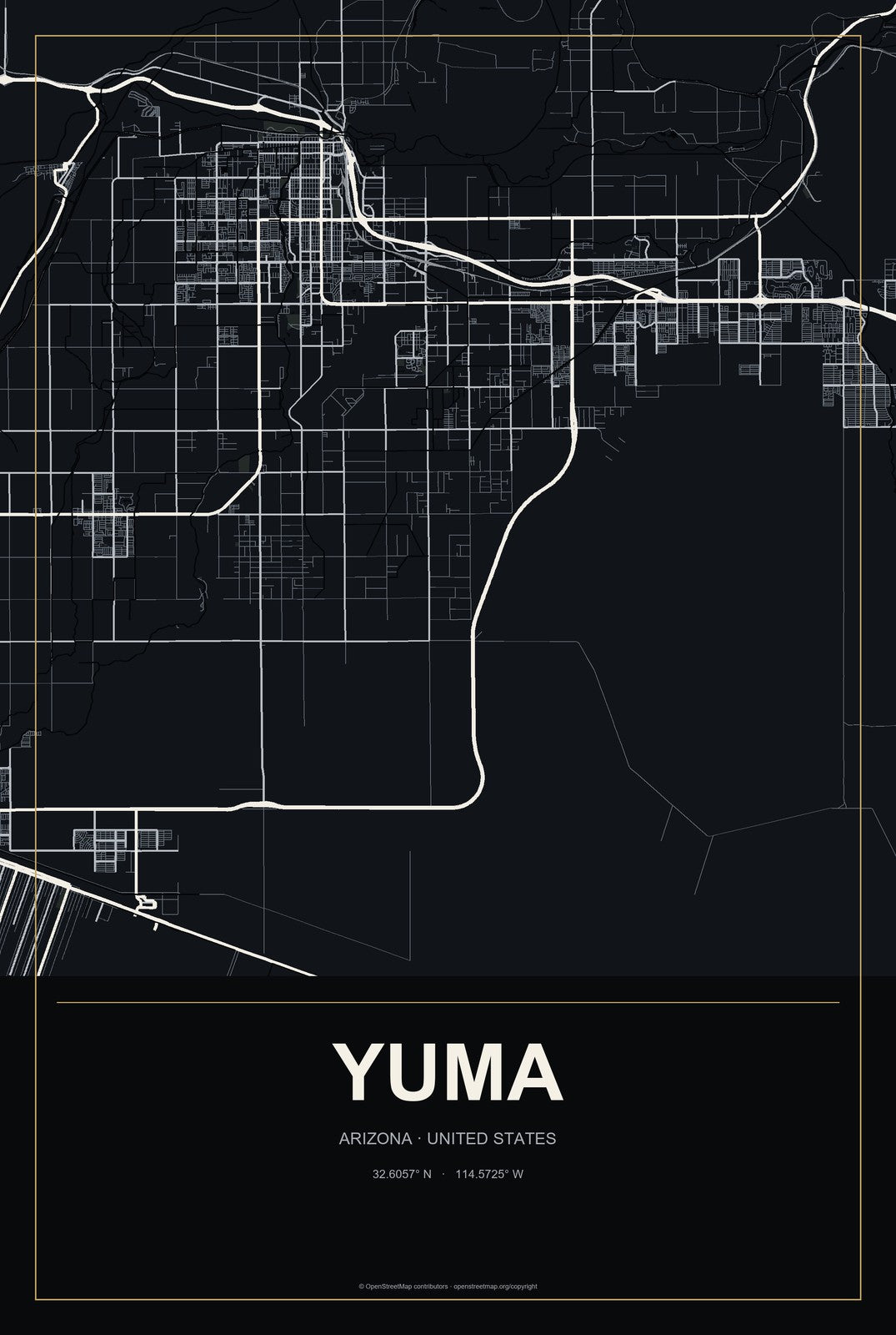 Yuma, Arizona City Map Aluminum Sign in Metropolitan Noir style