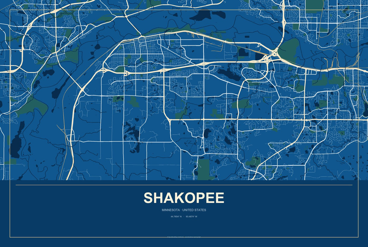 Shakopee, Minnesota City Map Aluminum Sign in Harbor Cobalt style