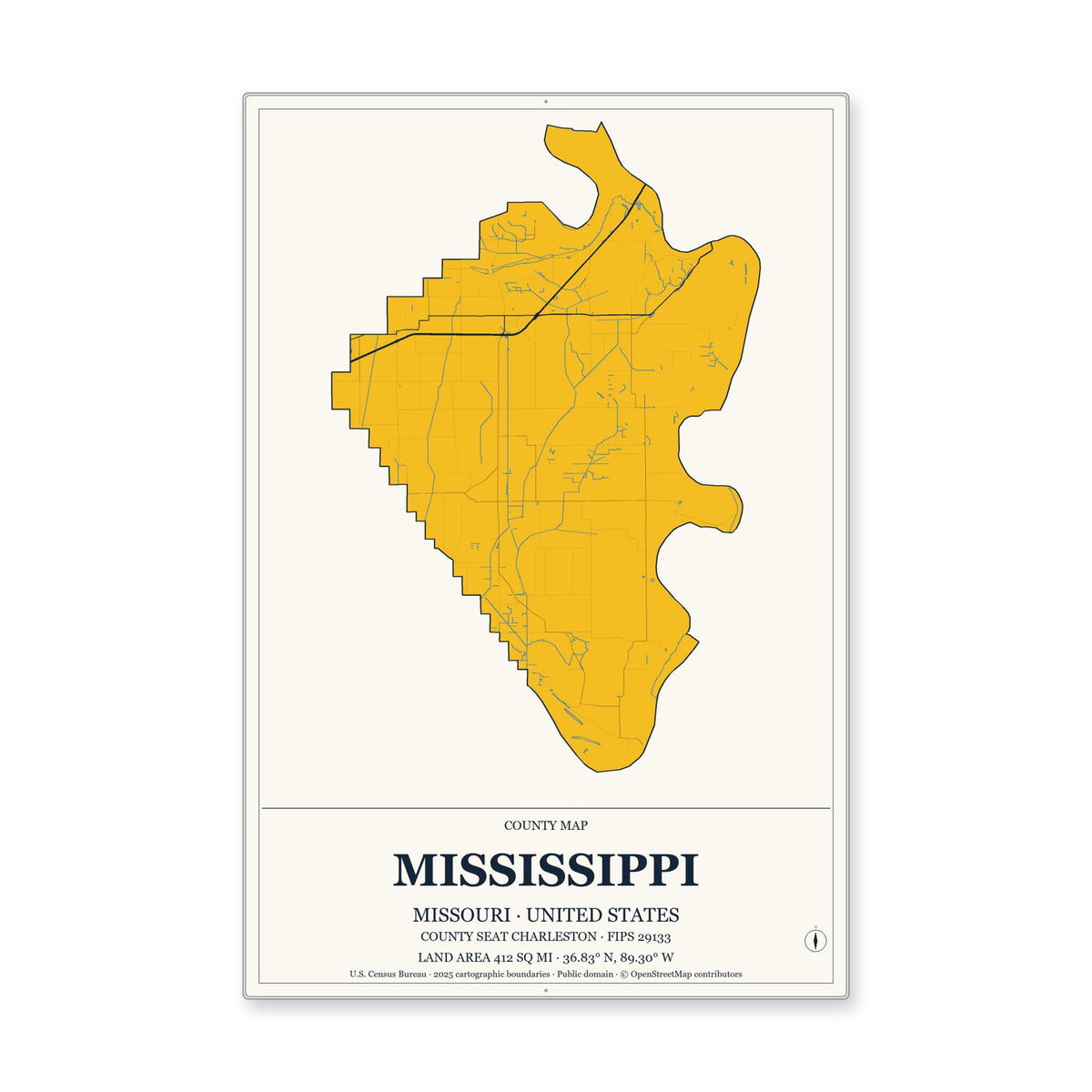 Mississippi County, Missouri Map Aluminum Sign in Citrine Modern style
