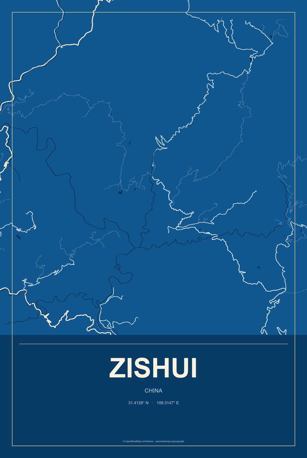 Zishui, China City Map Aluminum Sign in Harbor Cobalt style