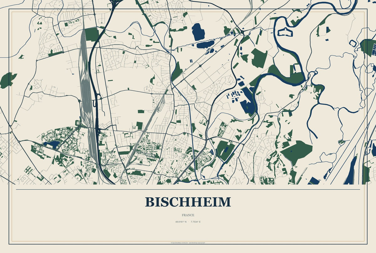 Bischheim, France City Map Aluminum Sign in Coastal Cutout style
