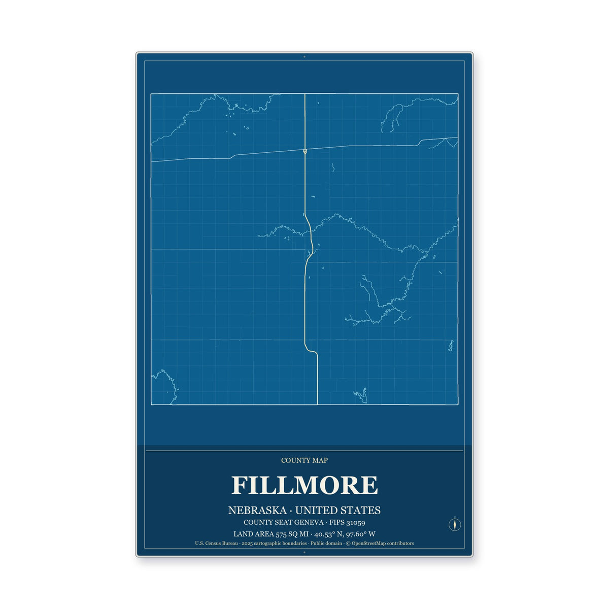Fillmore County, Nebraska Map Aluminum Sign in Harbor Cobalt style