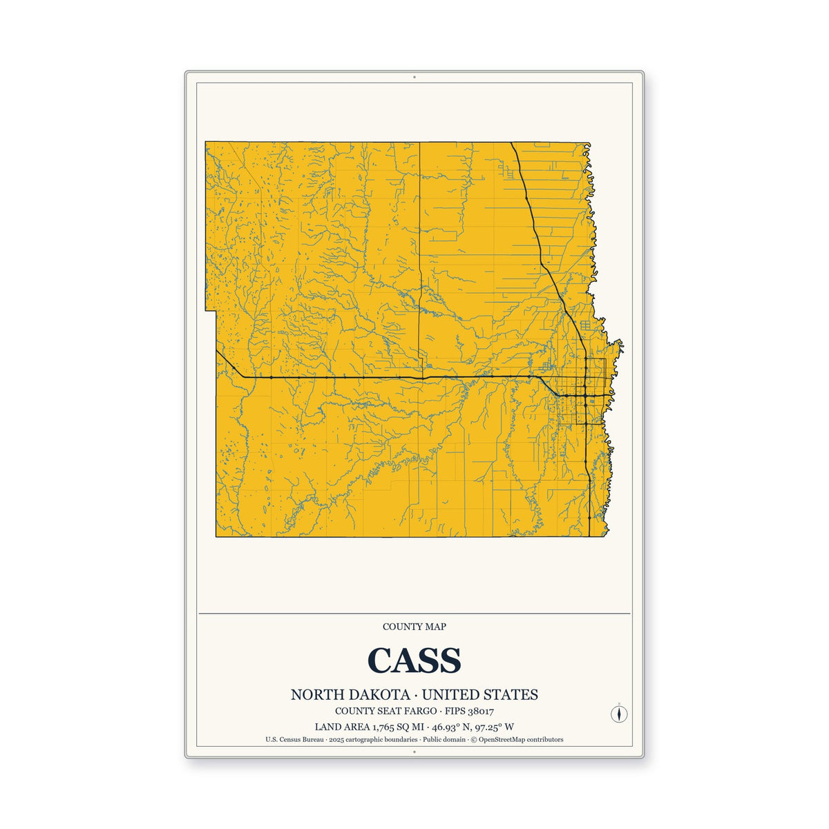 Cass County, North Dakota Map Aluminum Sign in Citrine Modern style