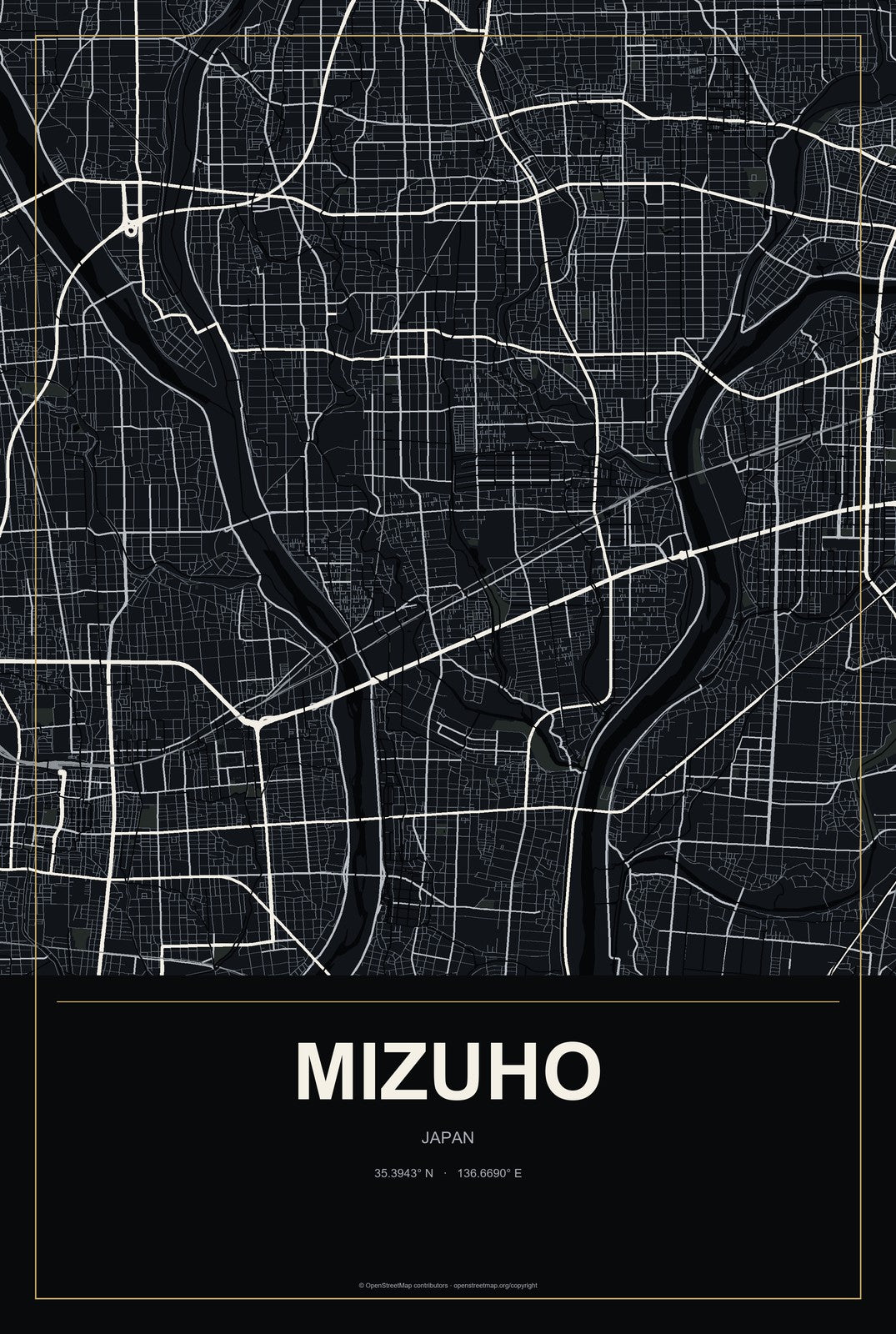 Mizuho, Japan City Map Aluminum Sign in Metropolitan Noir style