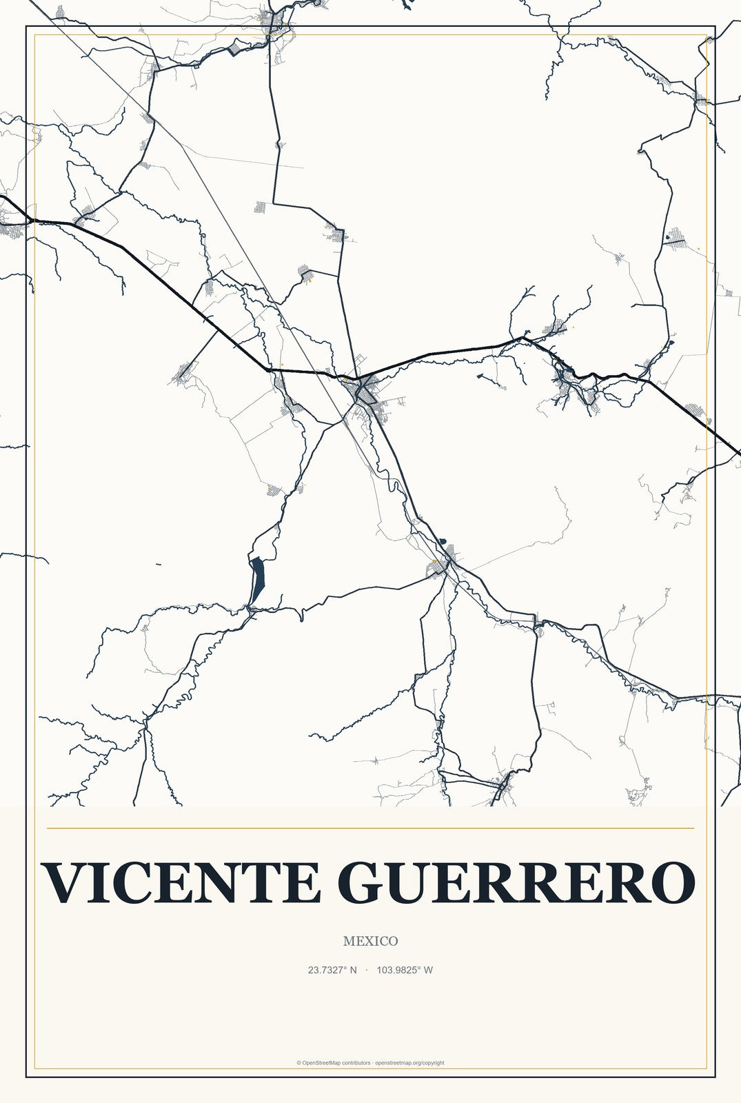 Vicente Guerrero, Oaxaca, Mexico City Map Aluminum Sign in Citrine Modern style
