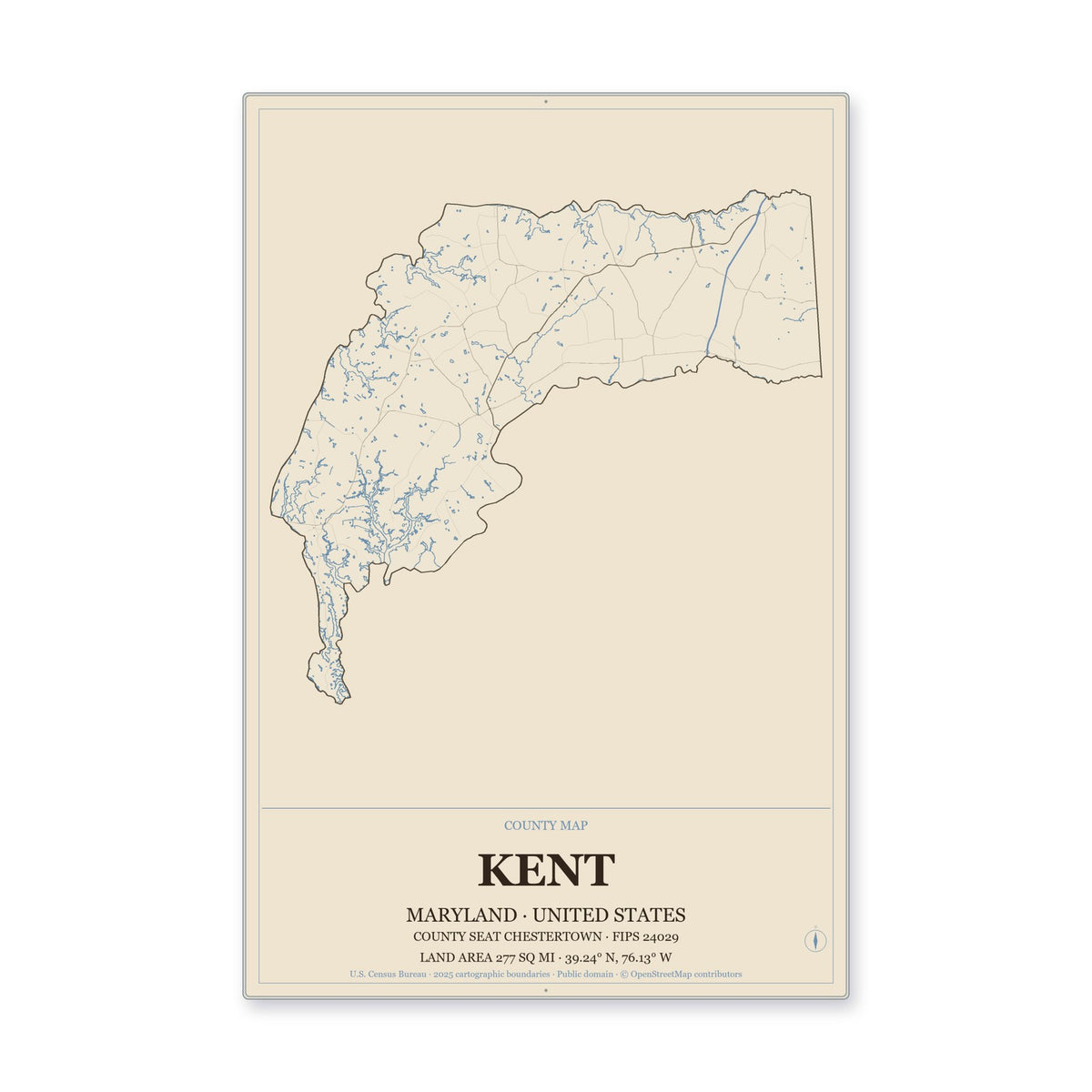 Kent County, Maryland Map Aluminum Sign in Heritage Nautical style