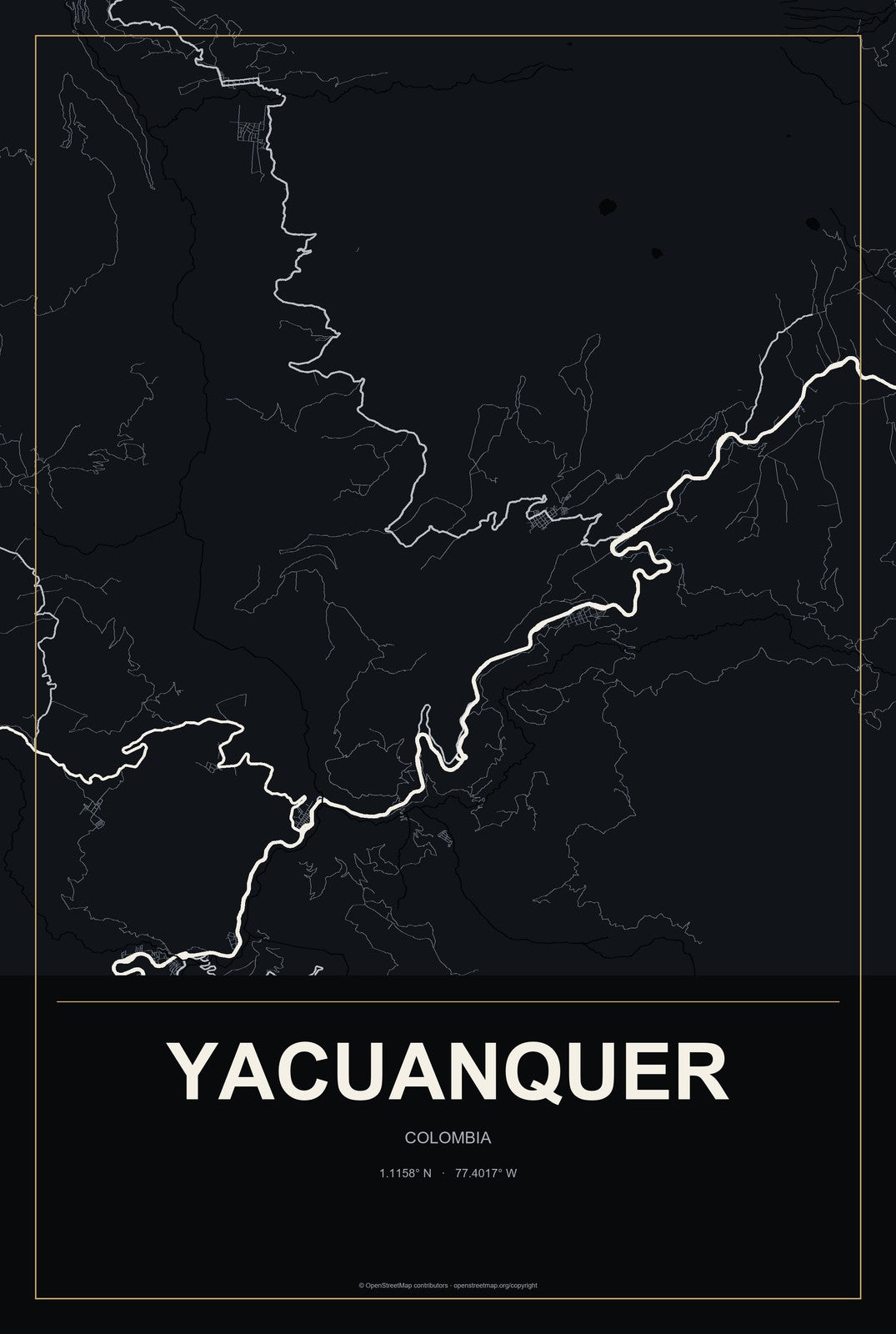 Yacuanquer, Colombia City Map Aluminum Sign in Metropolitan Noir style