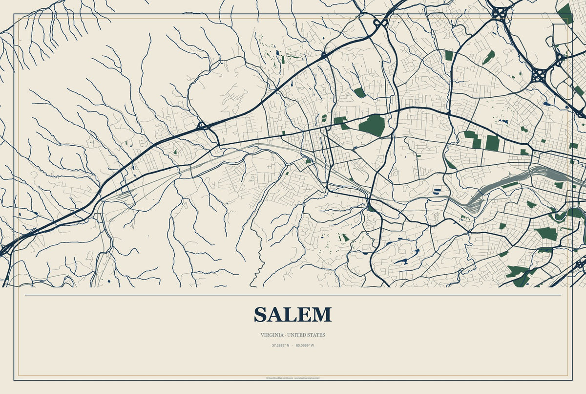 Salem, Virginia City Map Aluminum Sign in Coastal Cutout style