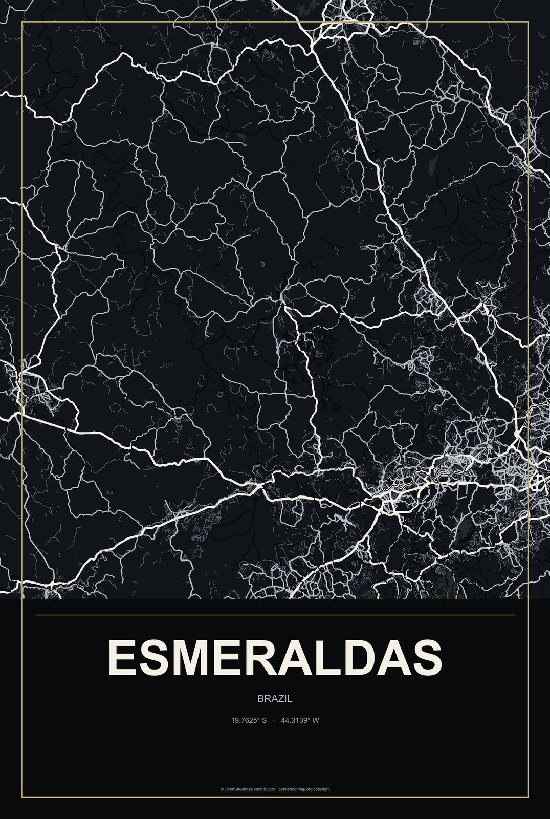 Esmeraldas, Brazil City Map Aluminum Sign in Metropolitan Noir style