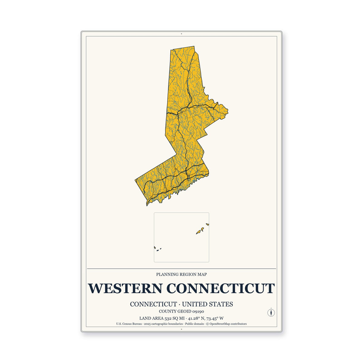 Western Connecticut Planning Region, Connecticut Map Aluminum Sign in Citrine Modern style