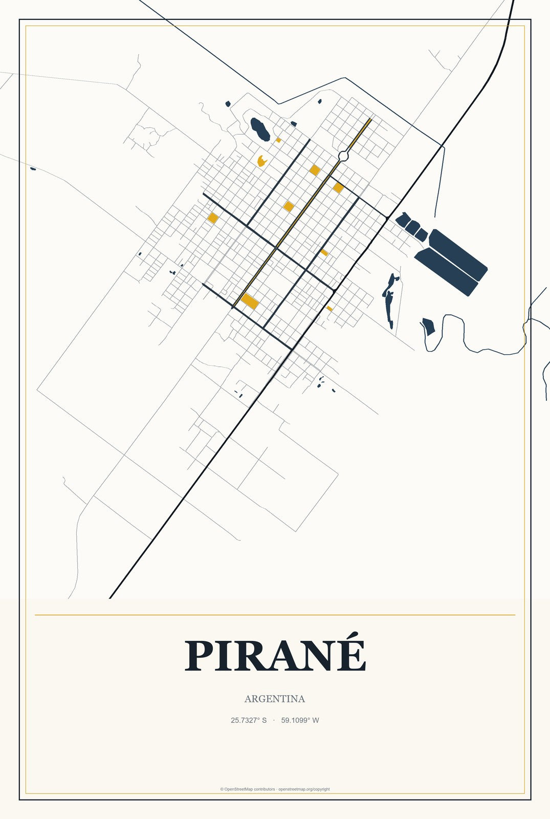 Pirané, Argentina City Map Aluminum Sign in Citrine Modern style