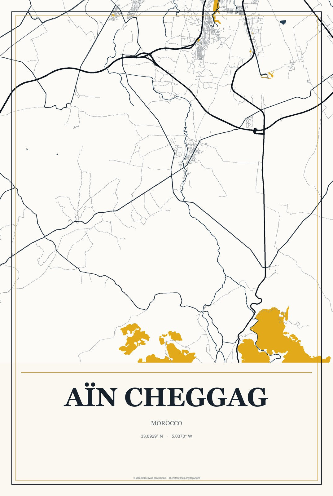 Aïn Cheggag, Morocco City Map Aluminum Sign in Citrine Modern style