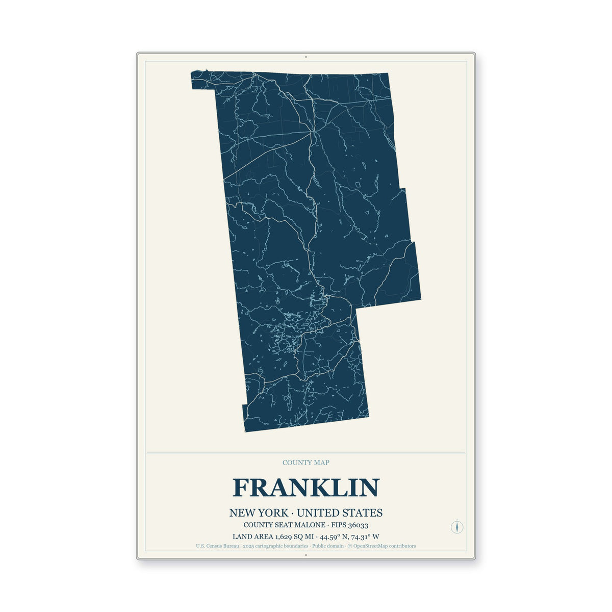 Franklin County, New York Map Aluminum Sign in Coastal Cutout style