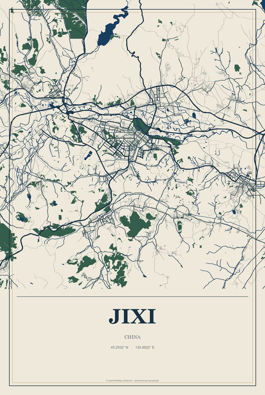 Jixi, China City Map Aluminum Sign in Coastal Cutout style