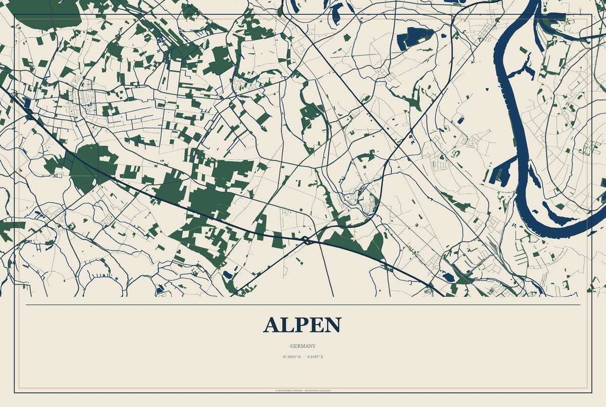Alpen, Germany City Map Aluminum Sign in Coastal Cutout style