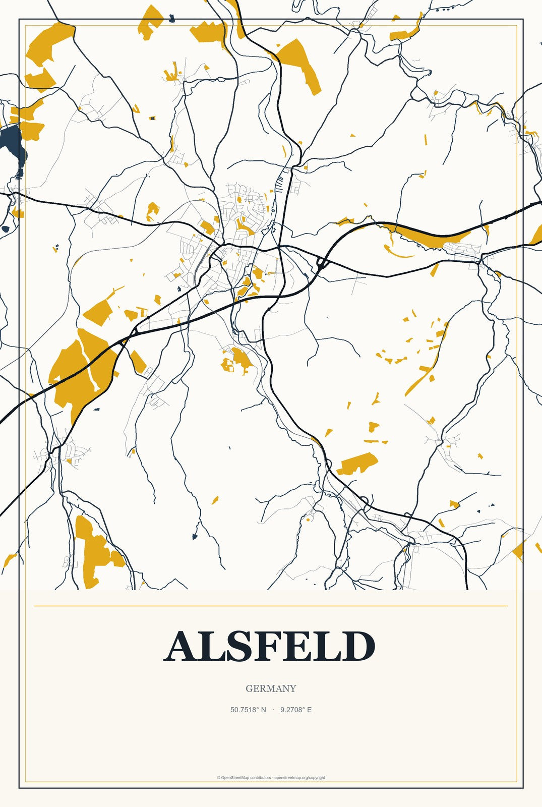 Alsfeld, Germany City Map Aluminum Sign in Citrine Modern style