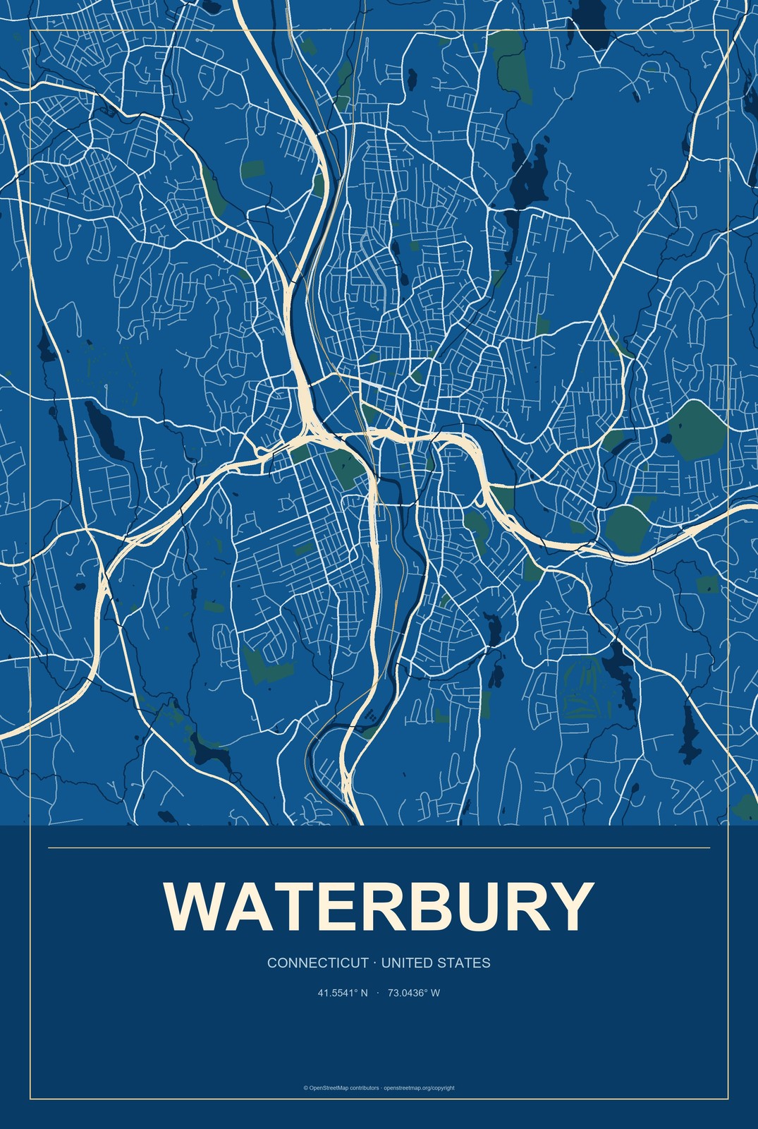 Waterbury, Connecticut City Map Aluminum Sign in Harbor Cobalt style