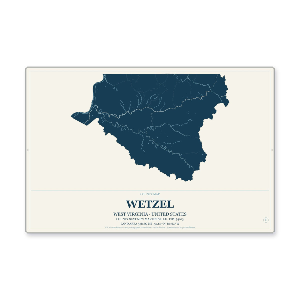 Wetzel County, West Virginia Map Aluminum Sign in Coastal Cutout style
