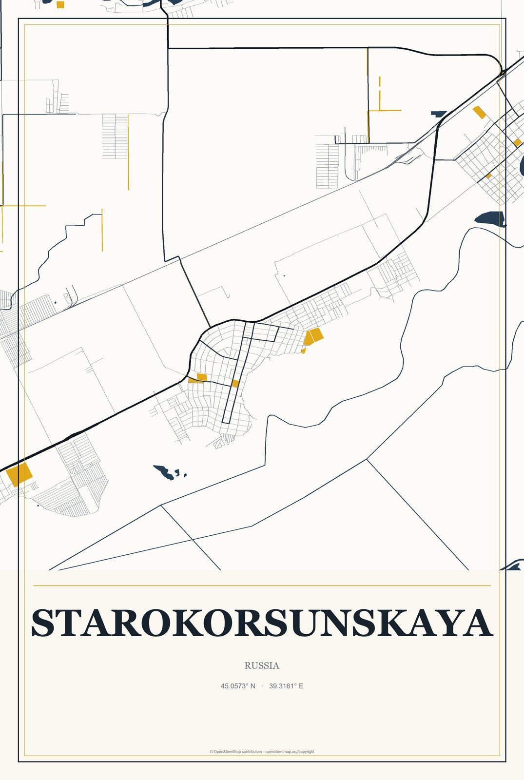 Starokorsunskaya, Russia City Map Aluminum Sign in Citrine Modern style